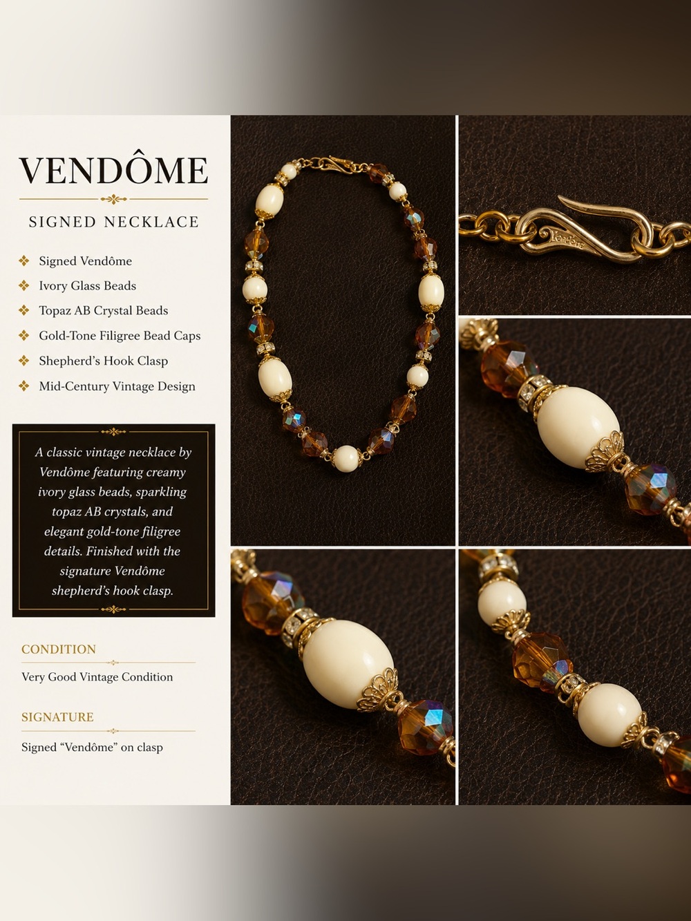 Vintage Signed Vendome Cream and Amber Crystal Beaded Necklace